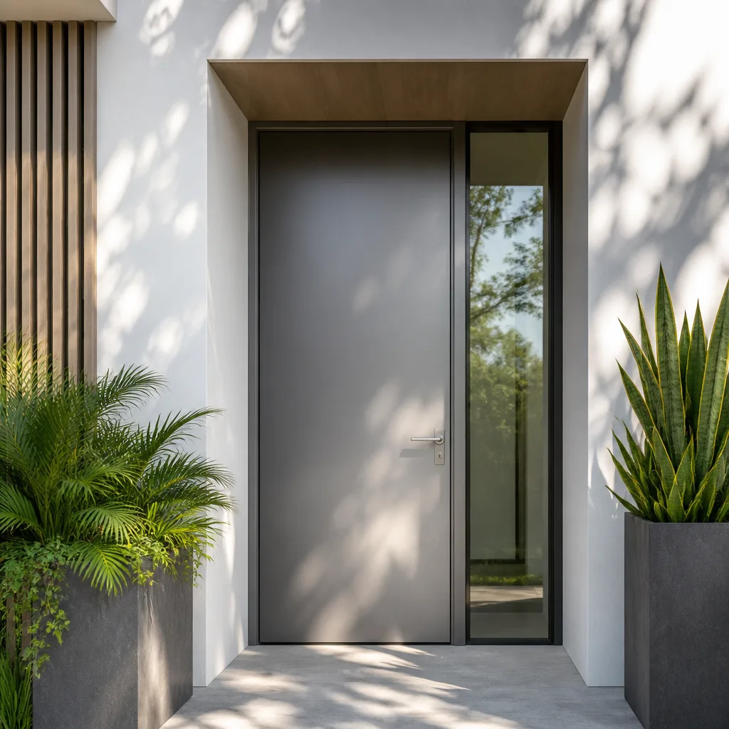 Modern grey front door with glass sidelight and contemporary home exterior