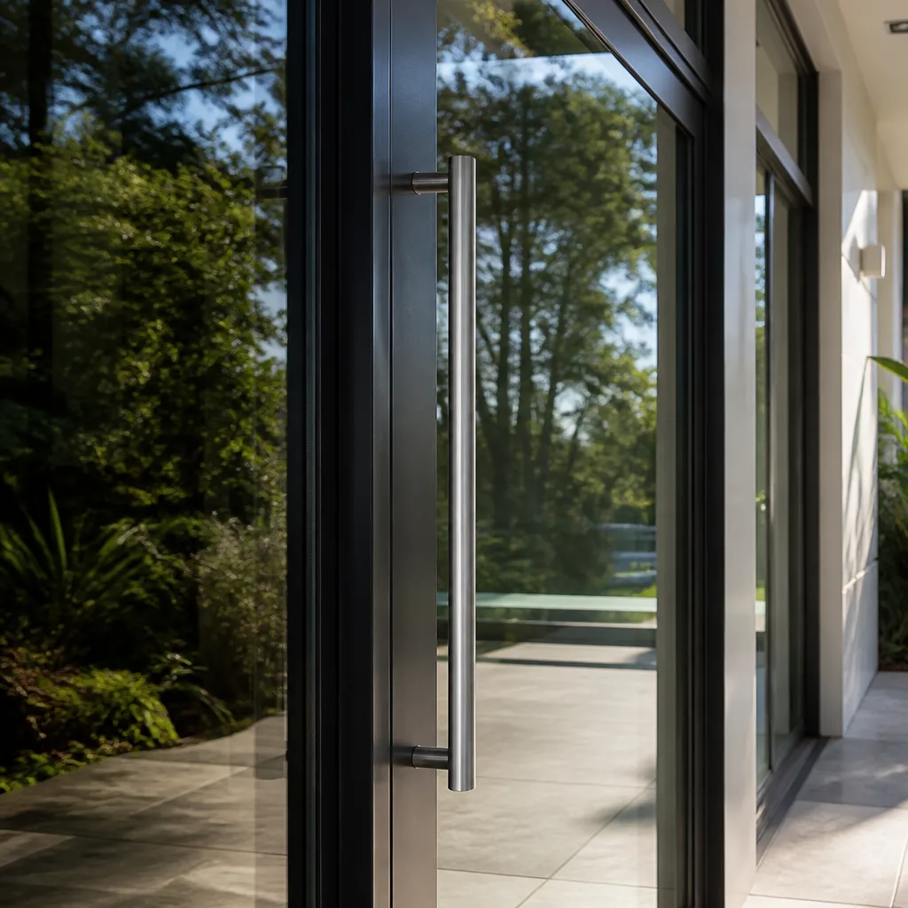 Modern glass door installation with contemporary stainless steel handle