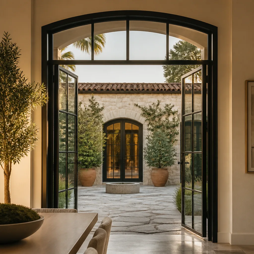 Custom arched steel-framed French doors opening to a Mediterranean-style courtyard.