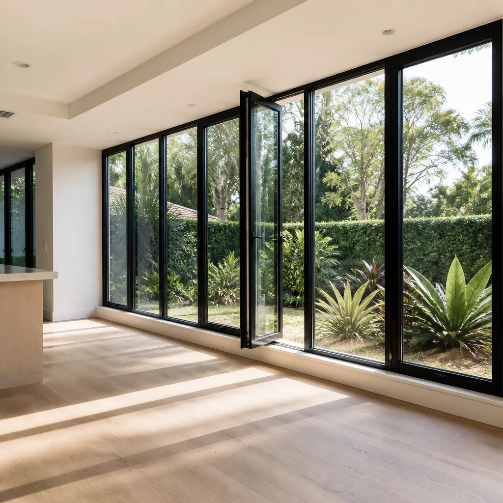Modern bi-fold glass patio doors installed in a bright luxury living room