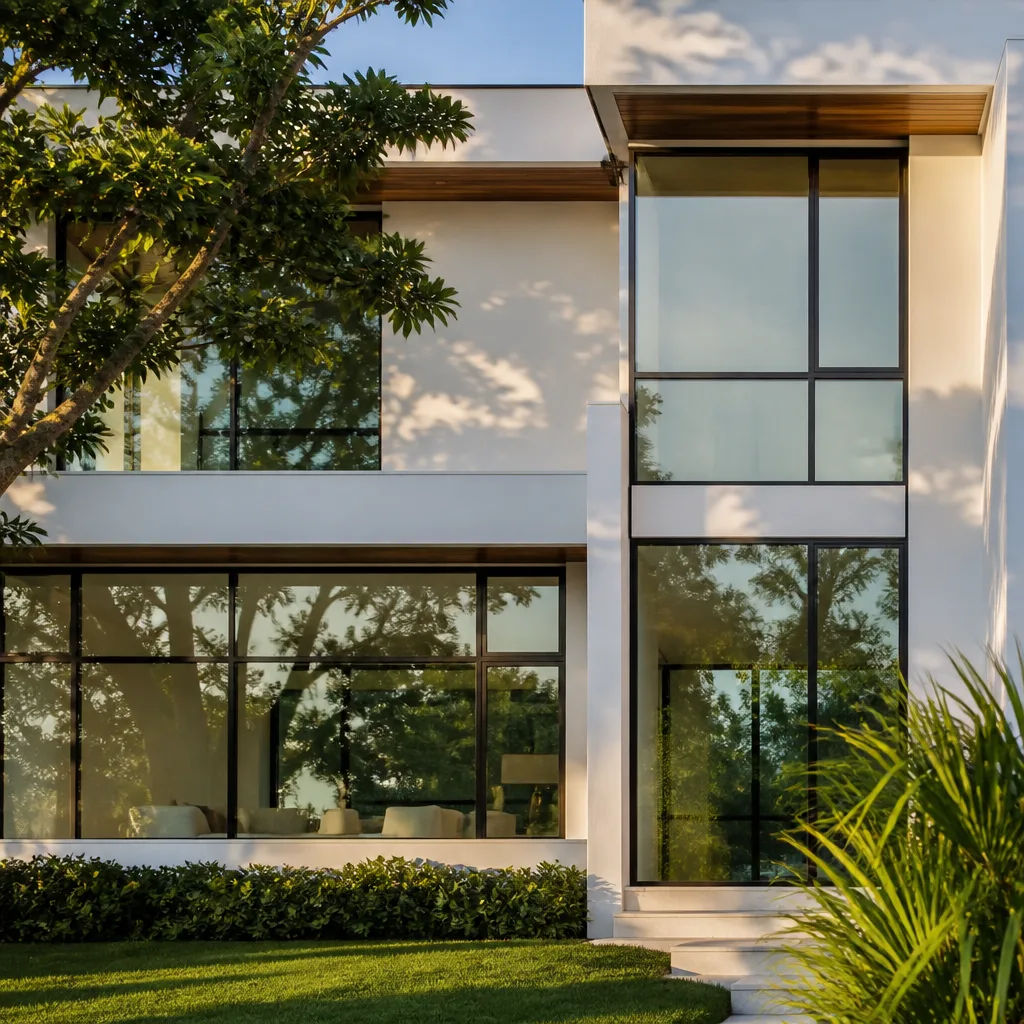Modern residential building with large panoramic window installation and clean design