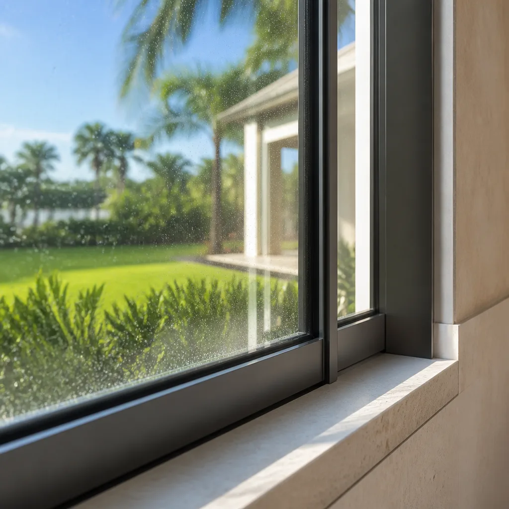 Modern sliding window installation with a view of a lush backyard.