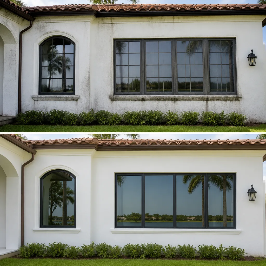 Before and after comparison of professional window replacement on a stucco home.