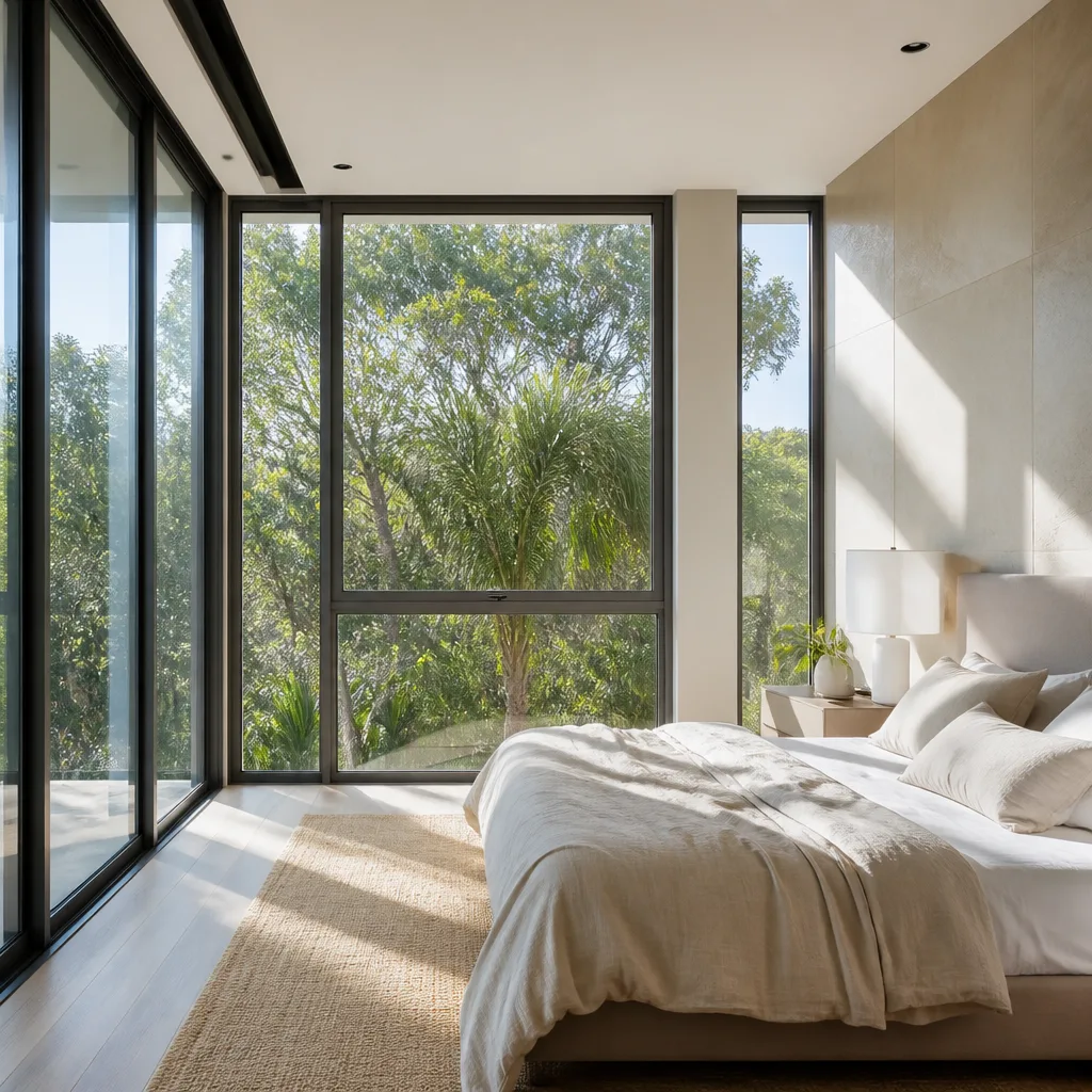 Modern bedroom with large floor-to-ceiling window installation and view